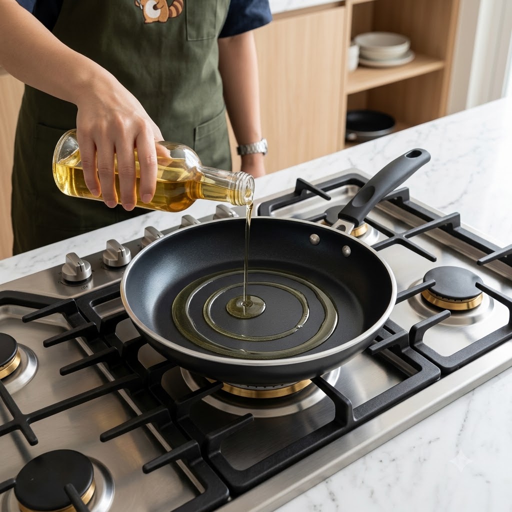 Drizzle cooking oil around a frying pan twice