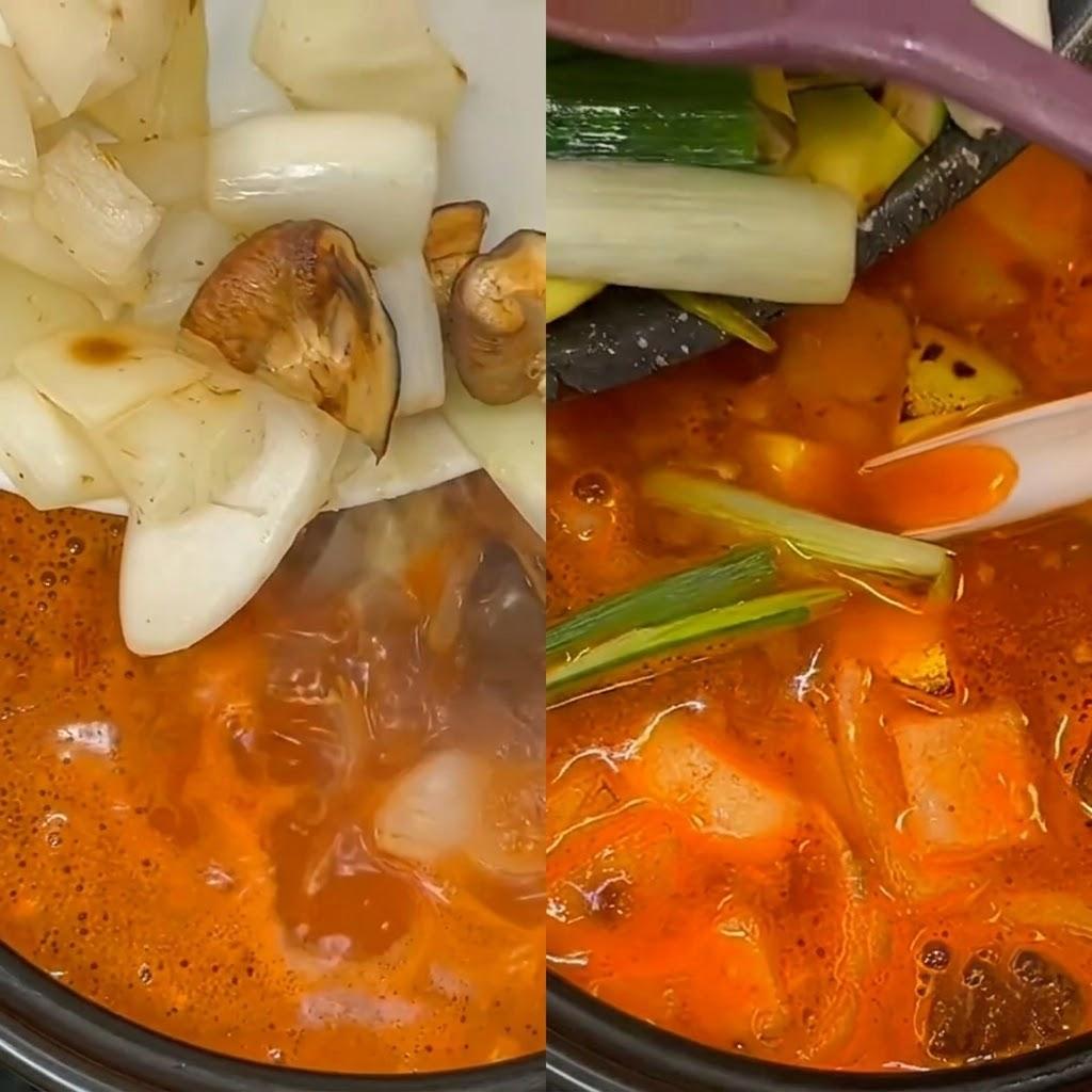 Adding remaining seared veggies into stew