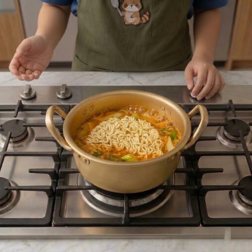沸騰したスープにたぬきラーメンの麺を入れる