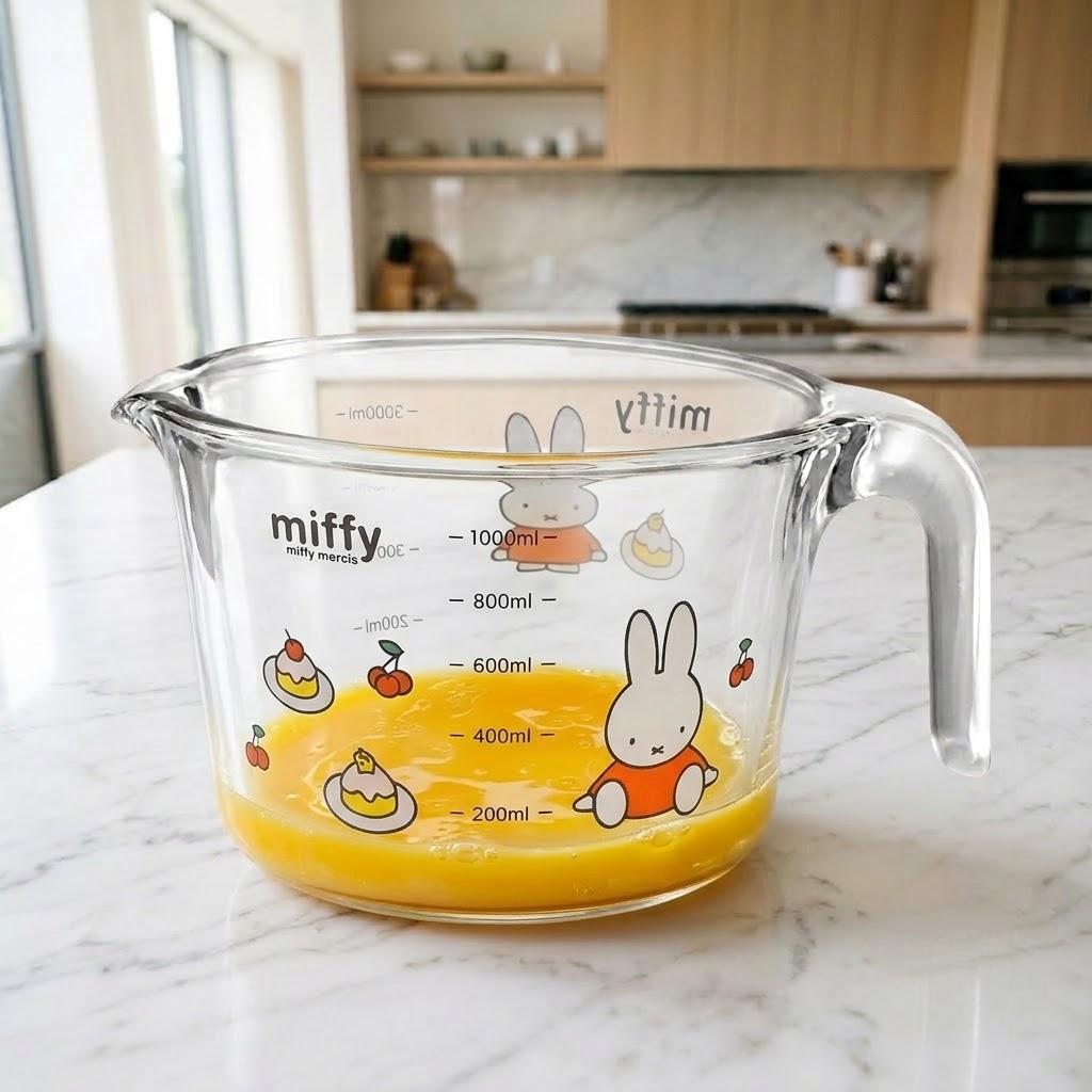 Lightly beaten egg in a measuring cup