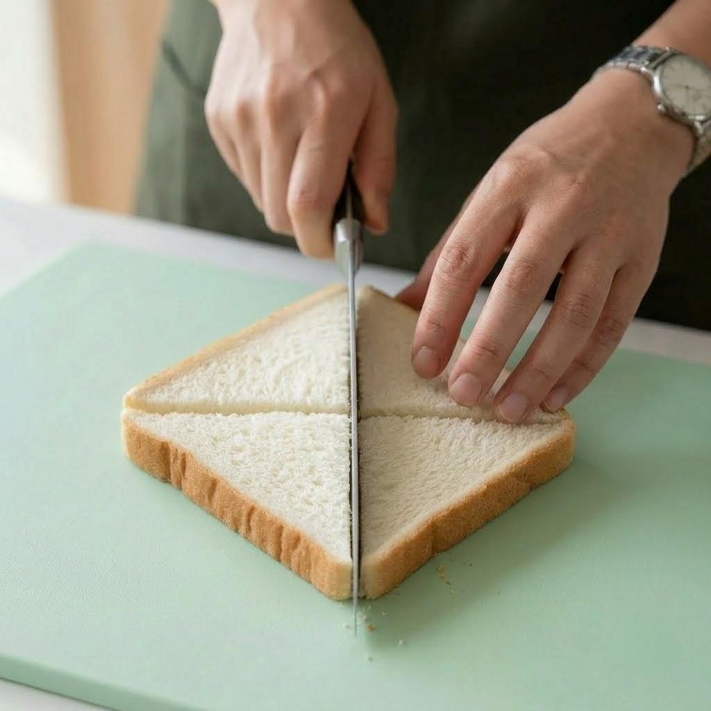 食パンが三角形になるように、4等分に切ります。