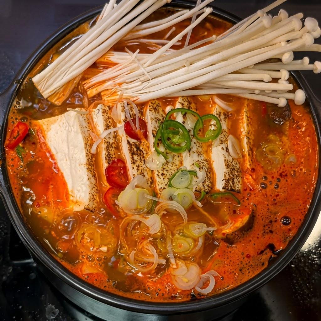 Final bubbling Gochujang stew ready to serve