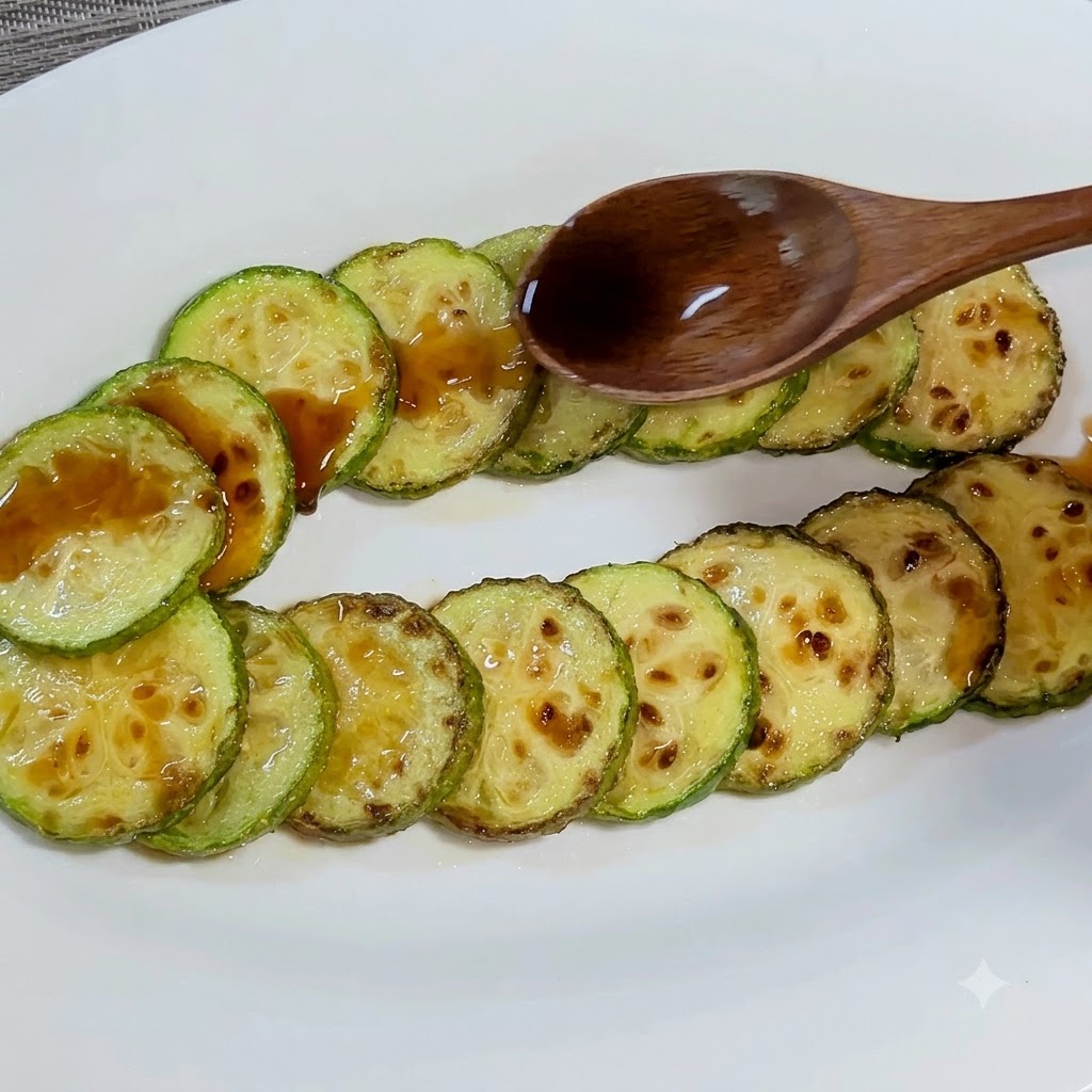 焼き上がったズッキーニに、醤油大さじ1を全体にまんべんなく回しかけます。