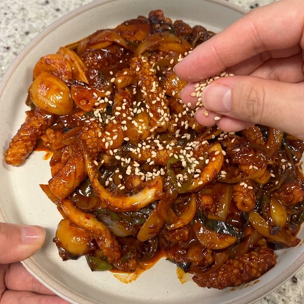 完成した料理に白ごまを振りかけて仕上げる