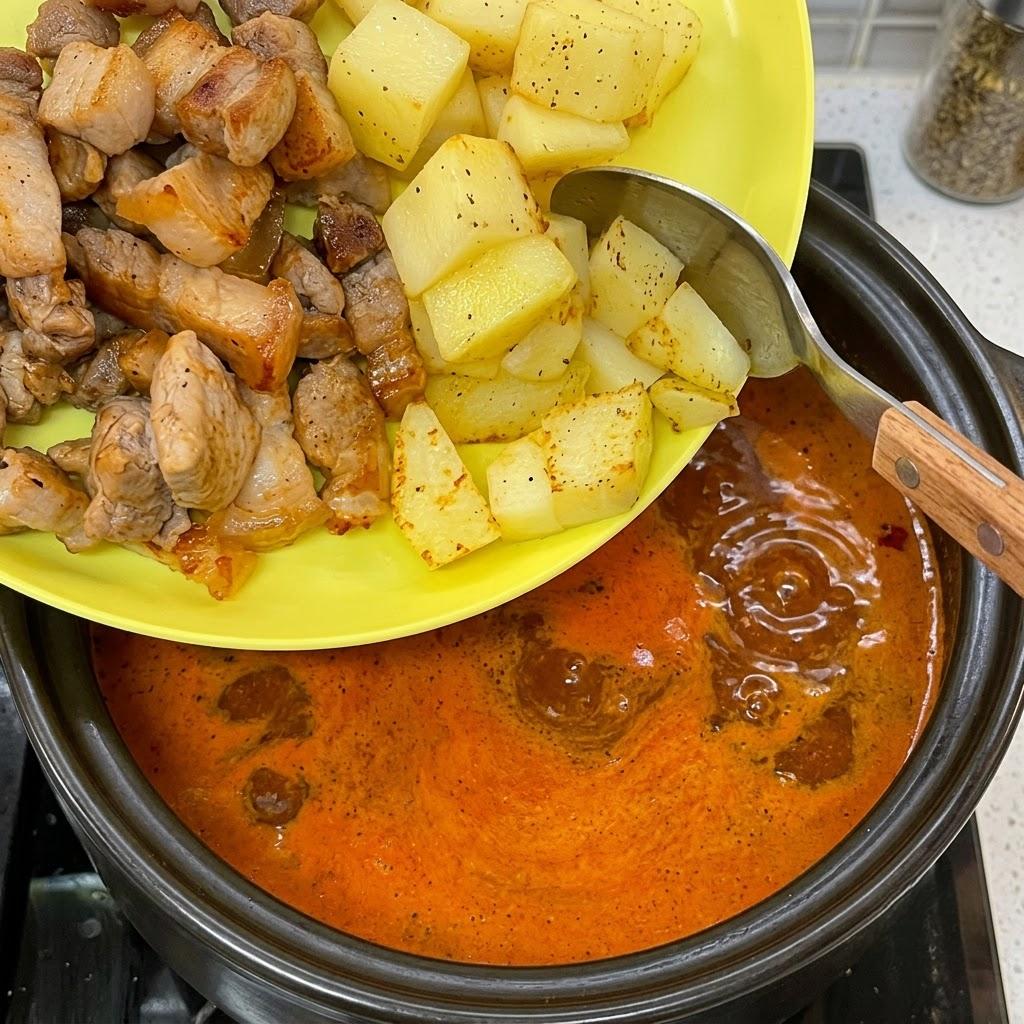 Adding seared pork and potatoes to pot