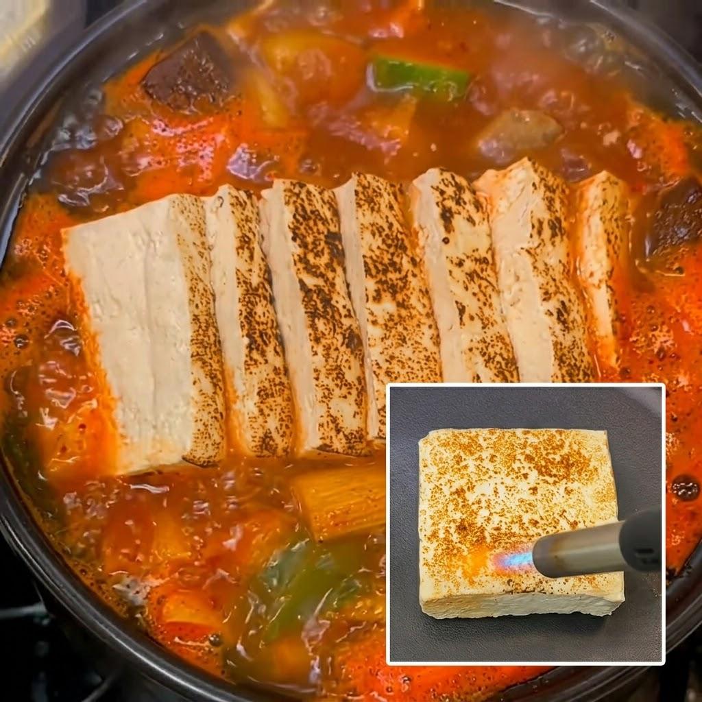 Torching or searing tofu slices before adding