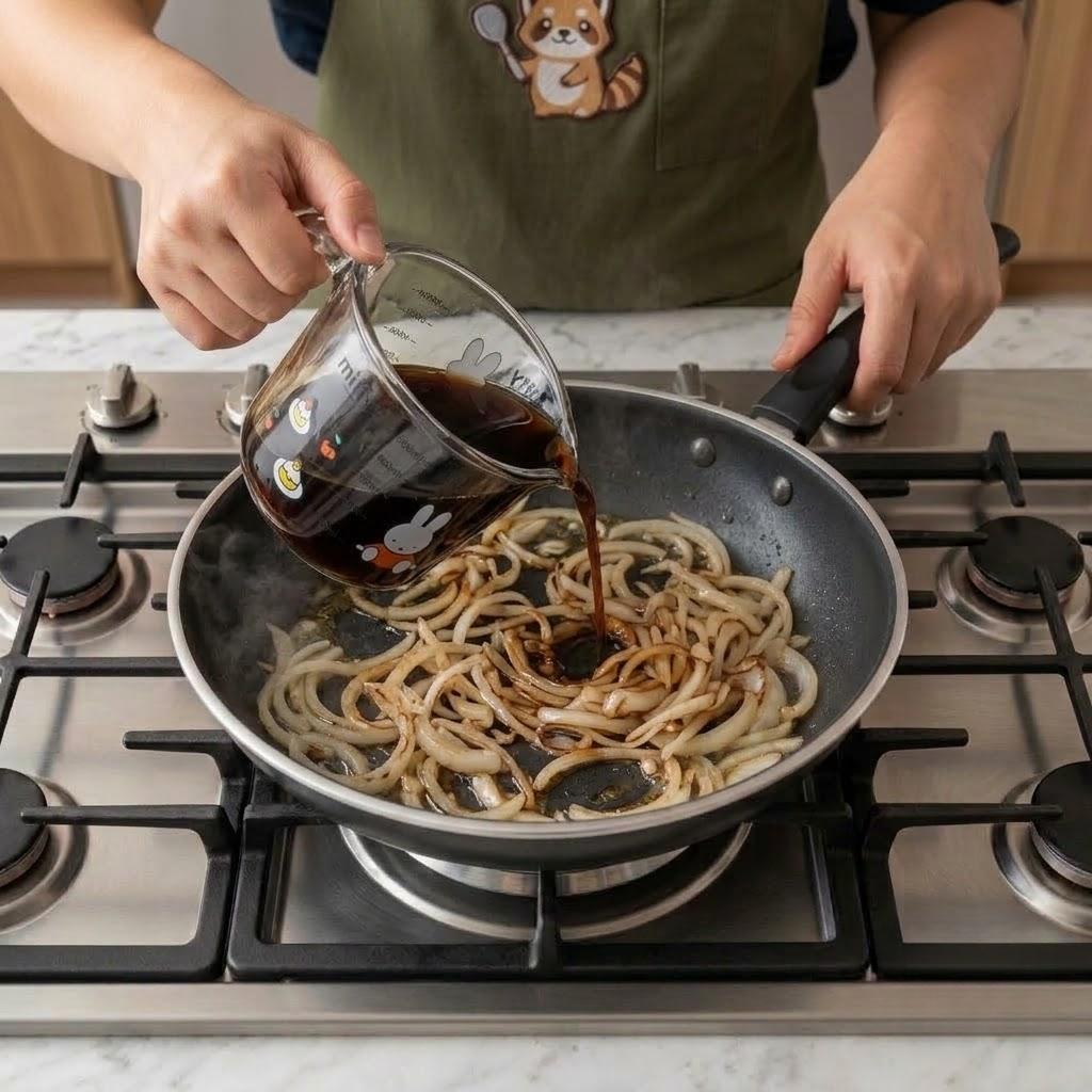 Pour the prepared sauce into the frying pan